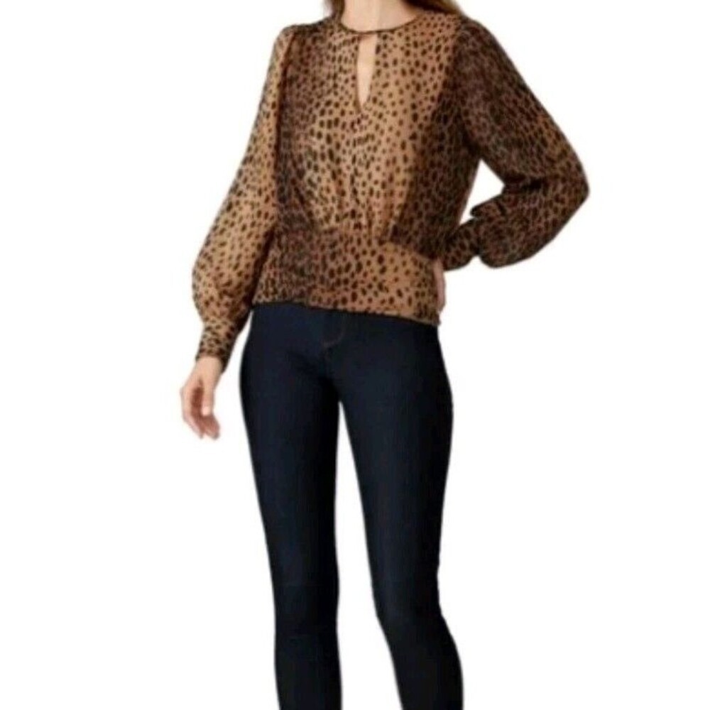 Good American Size 1(Small) Leopard Print Keyhole Shirt‎ Blouse Brown Crew Neck